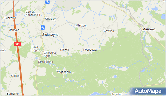 mapa Kostrzewa gmina Manowo, Kostrzewa gmina Manowo na mapie Targeo