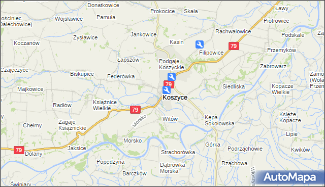 mapa Koszyce powiat proszowicki, Koszyce powiat proszowicki na mapie Targeo