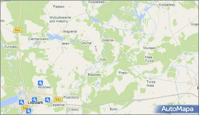 mapa Koty gmina Lidzbark, Koty gmina Lidzbark na mapie Targeo