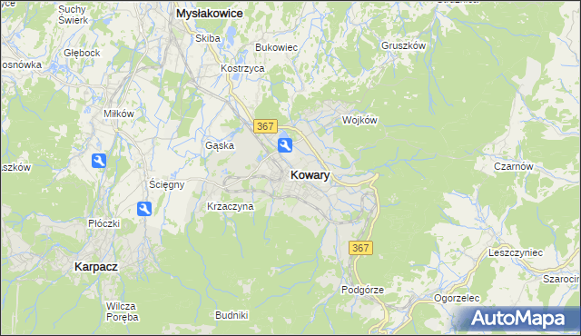 mapa Kowary powiat jeleniogórski, Kowary powiat jeleniogórski na mapie Targeo