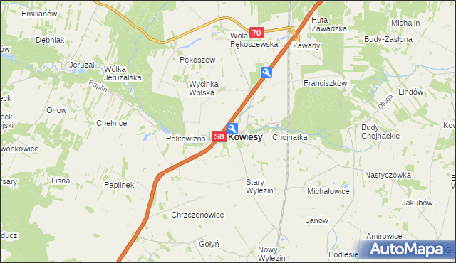 mapa Kowiesy powiat skierniewicki, Kowiesy powiat skierniewicki na mapie Targeo