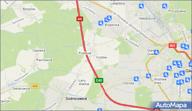 mapa Kozłów gmina Sośnicowice, Kozłów gmina Sośnicowice na mapie Targeo