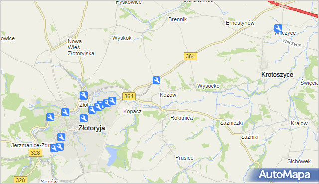 mapa Kozów gmina Złotoryja, Kozów gmina Złotoryja na mapie Targeo