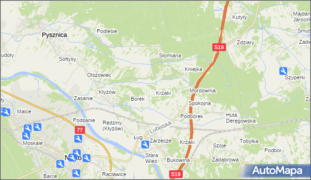 mapa Krzaki gmina Pysznica, Krzaki gmina Pysznica na mapie Targeo