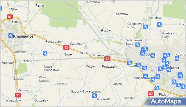 mapa Krzesin gmina Kutno, Krzesin gmina Kutno na mapie Targeo