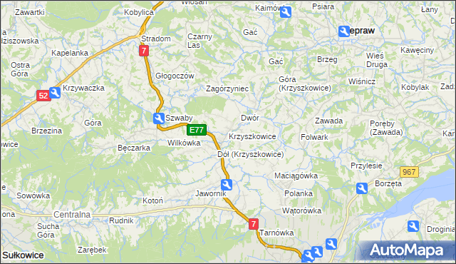 mapa Krzyszkowice gmina Myślenice, Krzyszkowice gmina Myślenice na mapie Targeo
