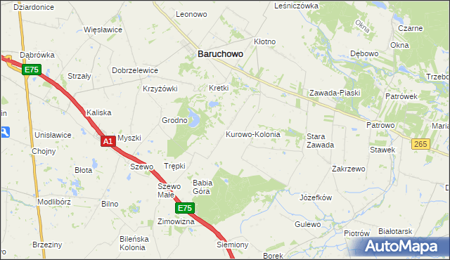 mapa Kurowo-Kolonia gmina Baruchowo, Kurowo-Kolonia gmina Baruchowo na mapie Targeo