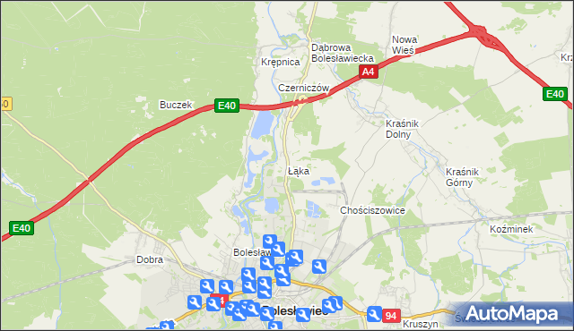 mapa Łąka gmina Bolesławiec, Łąka gmina Bolesławiec na mapie Targeo