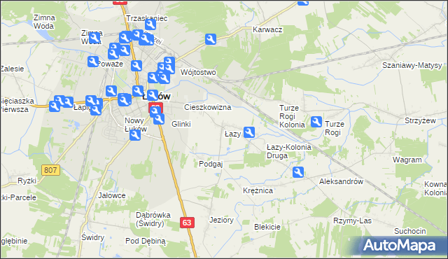 mapa Łazy gmina Łuków, Łazy gmina Łuków na mapie Targeo