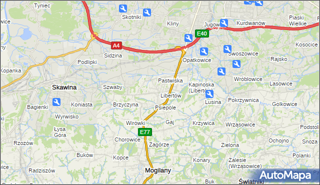 mapa Libertów gmina Mogilany, Libertów gmina Mogilany na mapie Targeo