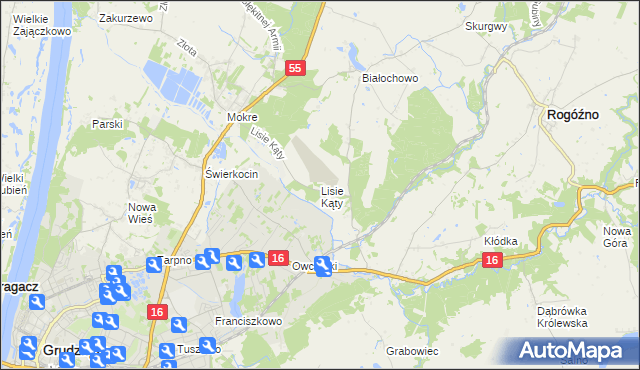 mapa Lisie Kąty gmina Grudziądz, Lisie Kąty gmina Grudziądz na mapie Targeo