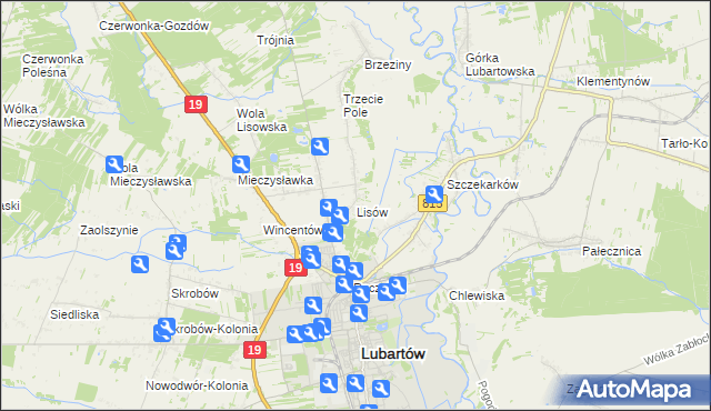 mapa Lisów gmina Lubartów, Lisów gmina Lubartów na mapie Targeo