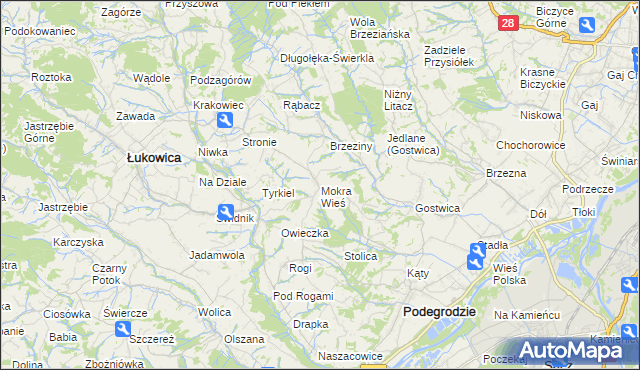 mapa Mokra Wieś gmina Podegrodzie, Mokra Wieś gmina Podegrodzie na mapie Targeo