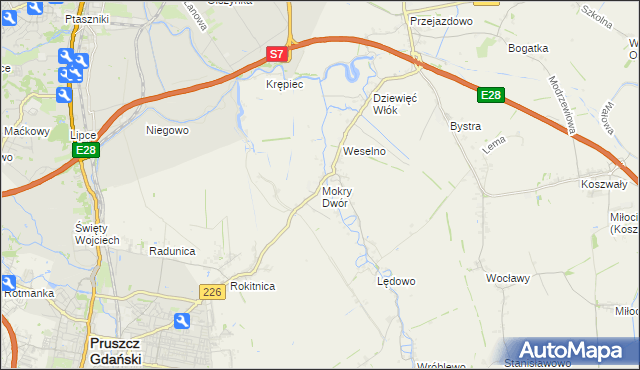 mapa Mokry Dwór gmina Pruszcz Gdański, Mokry Dwór gmina Pruszcz Gdański na mapie Targeo
