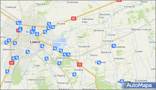 mapa Mysłaków gmina Nieborów, Mysłaków gmina Nieborów na mapie Targeo