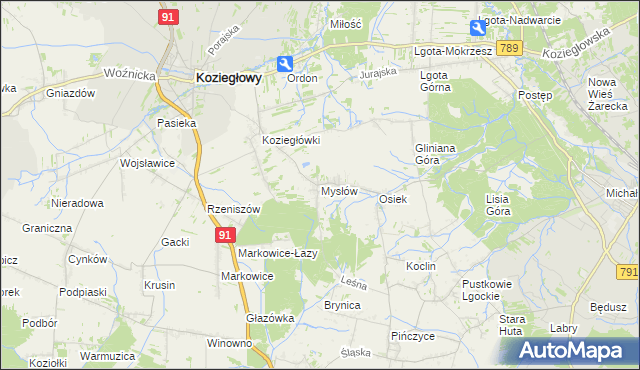 mapa Mysłów gmina Koziegłowy, Mysłów gmina Koziegłowy na mapie Targeo