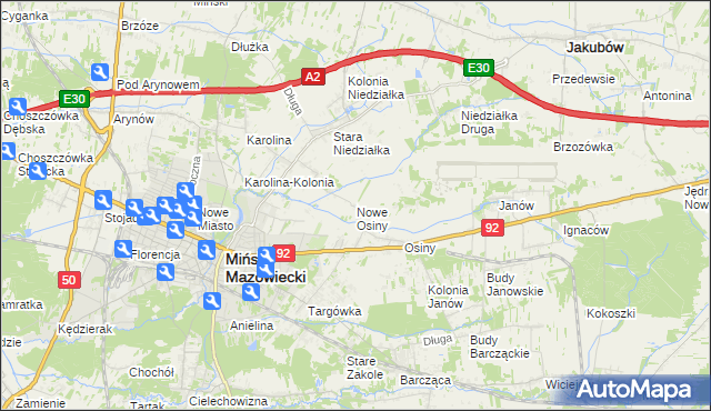 mapa Nowe Osiny, Nowe Osiny na mapie Targeo