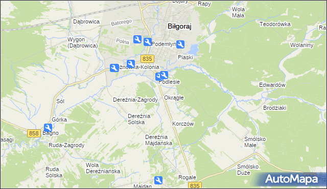 mapa Okrągłe gmina Biłgoraj, Okrągłe gmina Biłgoraj na mapie Targeo