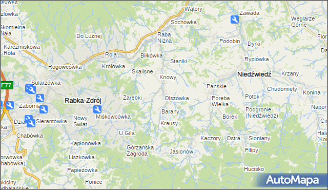 mapa Olszówka gmina Mszana Dolna, Olszówka gmina Mszana Dolna na mapie Targeo