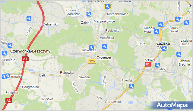 mapa Orzesze powiat mikołowski, Orzesze powiat mikołowski na mapie Targeo