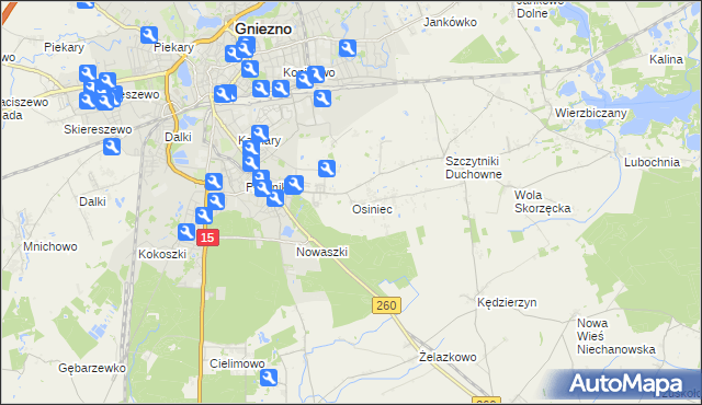 mapa Osiniec gmina Gniezno, Osiniec gmina Gniezno na mapie Targeo