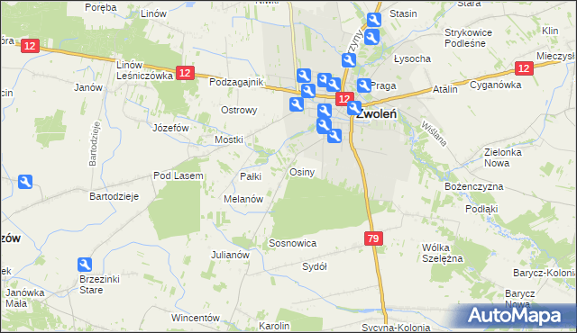 mapa Osiny gmina Zwoleń, Osiny gmina Zwoleń na mapie Targeo