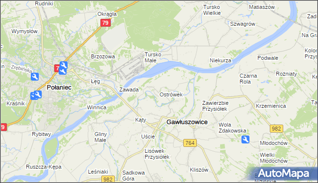 mapa Ostrówek gmina Gawłuszowice, Ostrówek gmina Gawłuszowice na mapie Targeo