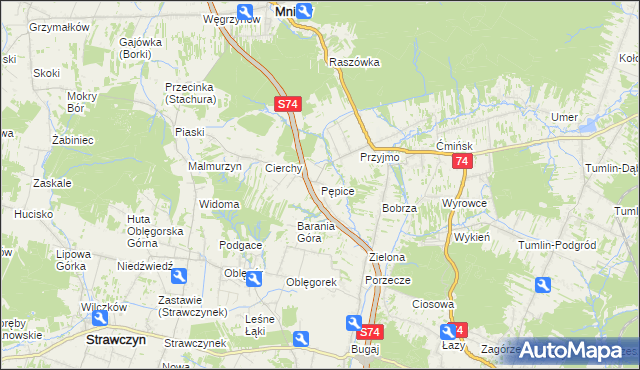 mapa Pępice gmina Mniów, Pępice gmina Mniów na mapie Targeo