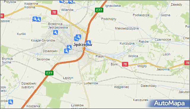 mapa Piaski gmina Jędrzejów, Piaski gmina Jędrzejów na mapie Targeo