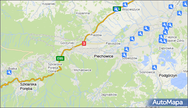 mapa Piechowice powiat jeleniogórski, Piechowice powiat jeleniogórski na mapie Targeo