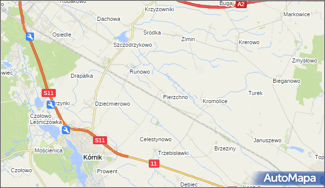 mapa Pierzchno gmina Kórnik, Pierzchno gmina Kórnik na mapie Targeo