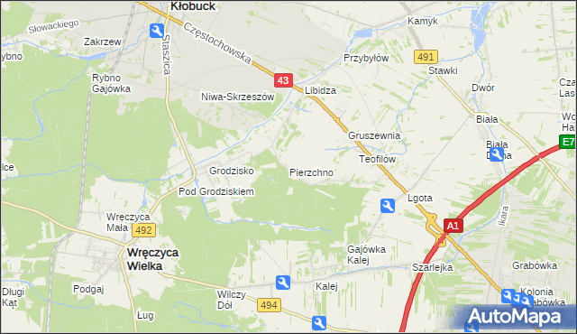 mapa Pierzchno gmina Wręczyca Wielka, Pierzchno gmina Wręczyca Wielka na mapie Targeo
