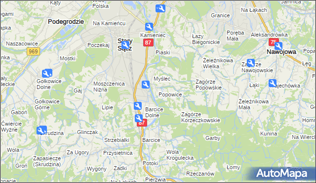 mapa Popowice gmina Stary Sącz, Popowice gmina Stary Sącz na mapie Targeo