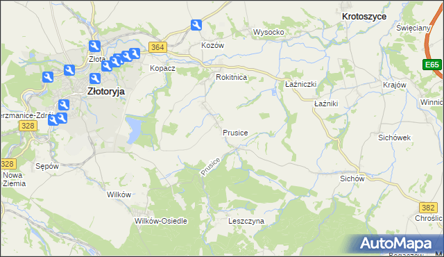 mapa Prusice gmina Złotoryja, Prusice gmina Złotoryja na mapie Targeo