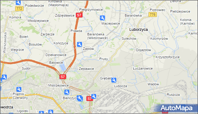 mapa Prusy gmina Kocmyrzów-Luborzyca, Prusy gmina Kocmyrzów-Luborzyca na mapie Targeo