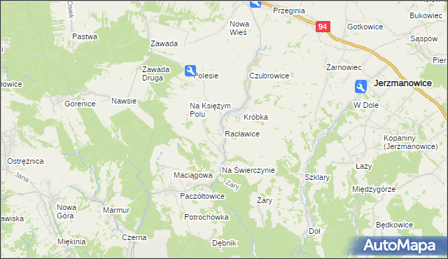 mapa Racławice gmina Jerzmanowice-Przeginia, Racławice gmina Jerzmanowice-Przeginia na mapie Targeo