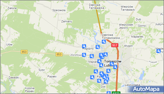 mapa Rogóźno gmina Tomaszów Lubelski, Rogóźno gmina Tomaszów Lubelski na mapie Targeo