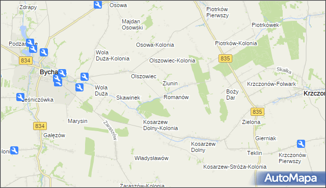 mapa Romanów gmina Bychawa, Romanów gmina Bychawa na mapie Targeo
