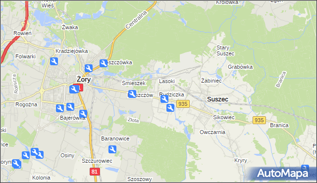 mapa Rudziczka gmina Suszec, Rudziczka gmina Suszec na mapie Targeo