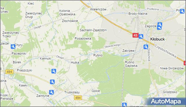 mapa Rybno gmina Kłobuck, Rybno gmina Kłobuck na mapie Targeo