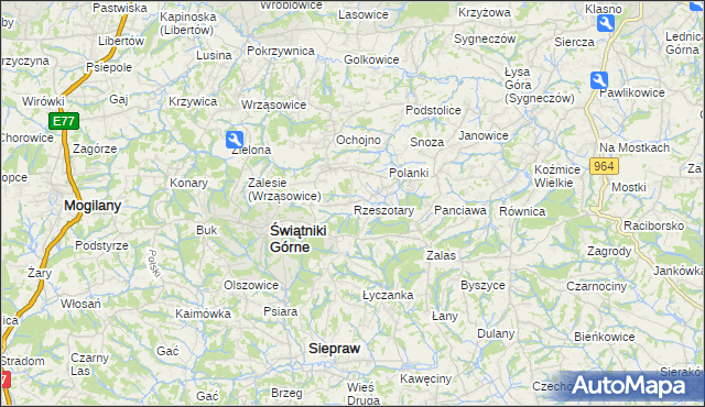 mapa Rzeszotary gmina Świątniki Górne, Rzeszotary gmina Świątniki Górne na mapie Targeo