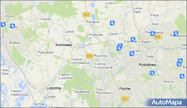 mapa Rzuchów gmina Kornowac, Rzuchów gmina Kornowac na mapie Targeo