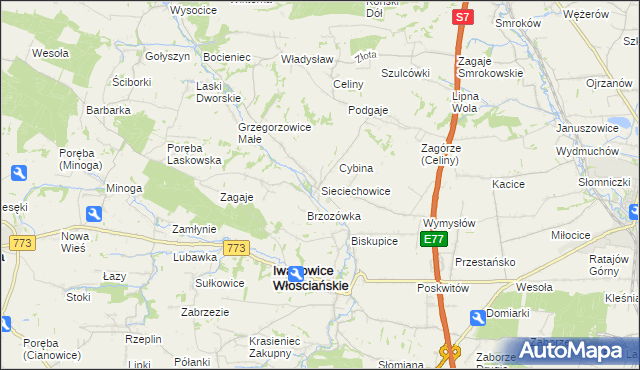 mapa Sieciechowice gmina Iwanowice, Sieciechowice gmina Iwanowice na mapie Targeo
