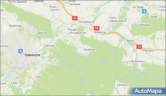 mapa Sieraków gmina Daleszyce, Sieraków gmina Daleszyce na mapie Targeo