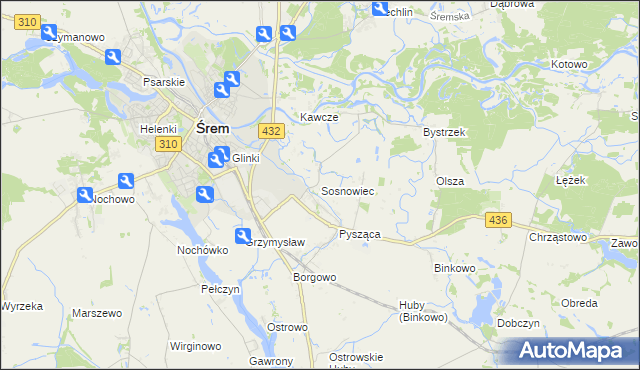 mapa Sosnowiec gmina Śrem, Sosnowiec gmina Śrem na mapie Targeo