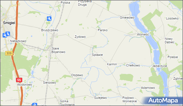 mapa Spławie gmina Śmigiel, Spławie gmina Śmigiel na mapie Targeo
