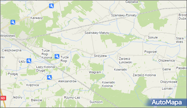 mapa Strzyżew gmina Łuków, Strzyżew gmina Łuków na mapie Targeo
