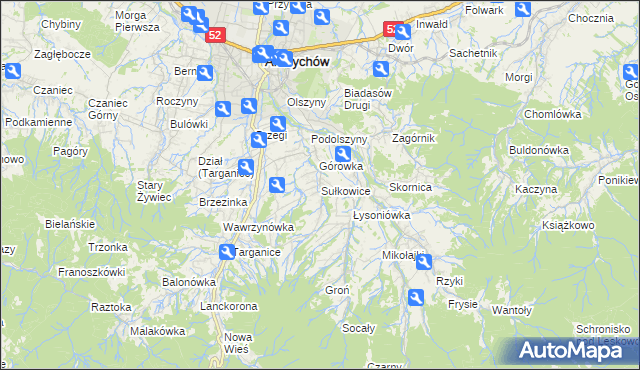 mapa Sułkowice gmina Andrychów, Sułkowice gmina Andrychów na mapie Targeo