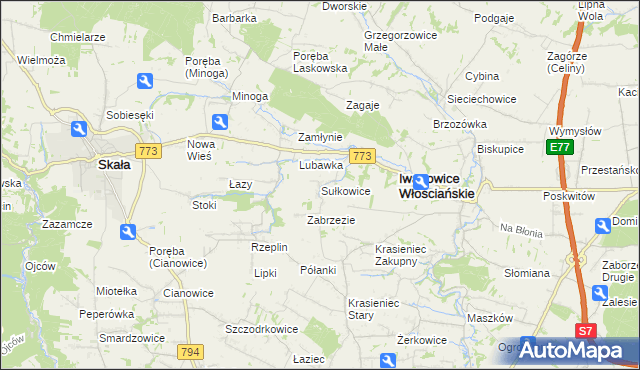 mapa Sułkowice gmina Iwanowice, Sułkowice gmina Iwanowice na mapie Targeo