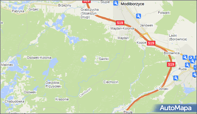 mapa Świnki gmina Modliborzyce, Świnki gmina Modliborzyce na mapie Targeo